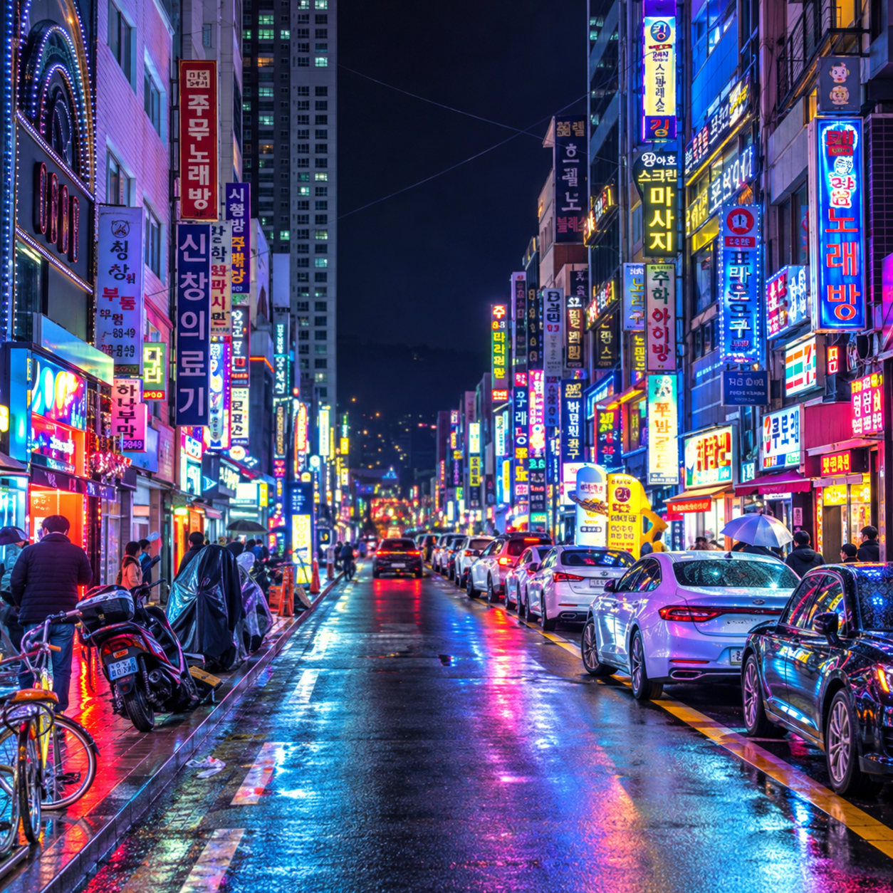 Neon Korean Street After Rain