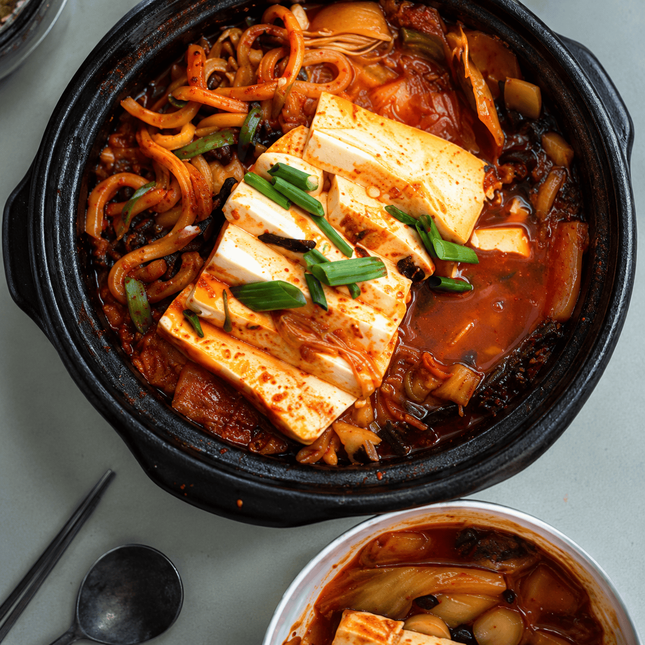 Spicy Korean tofu stew overhead